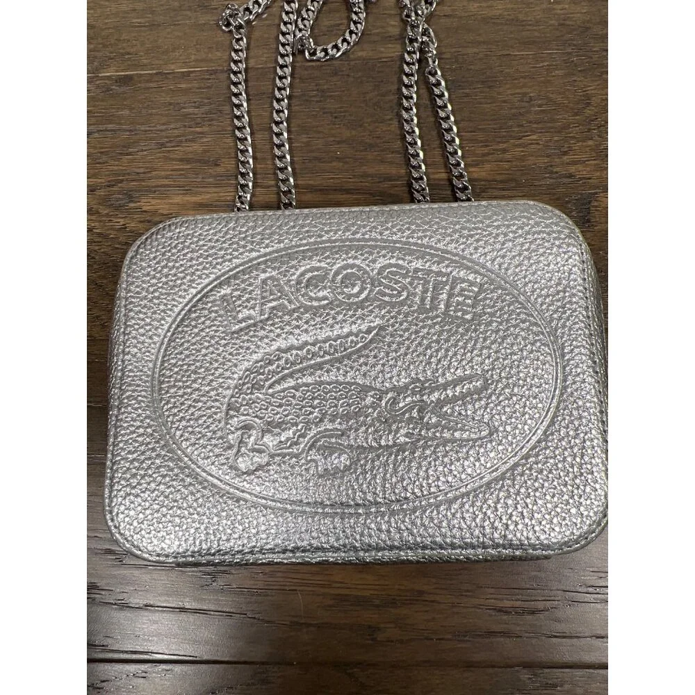 LACOSTE Croco Crew Silver Leather Bag with 2-way Chain Strap NF3245NJ EUC